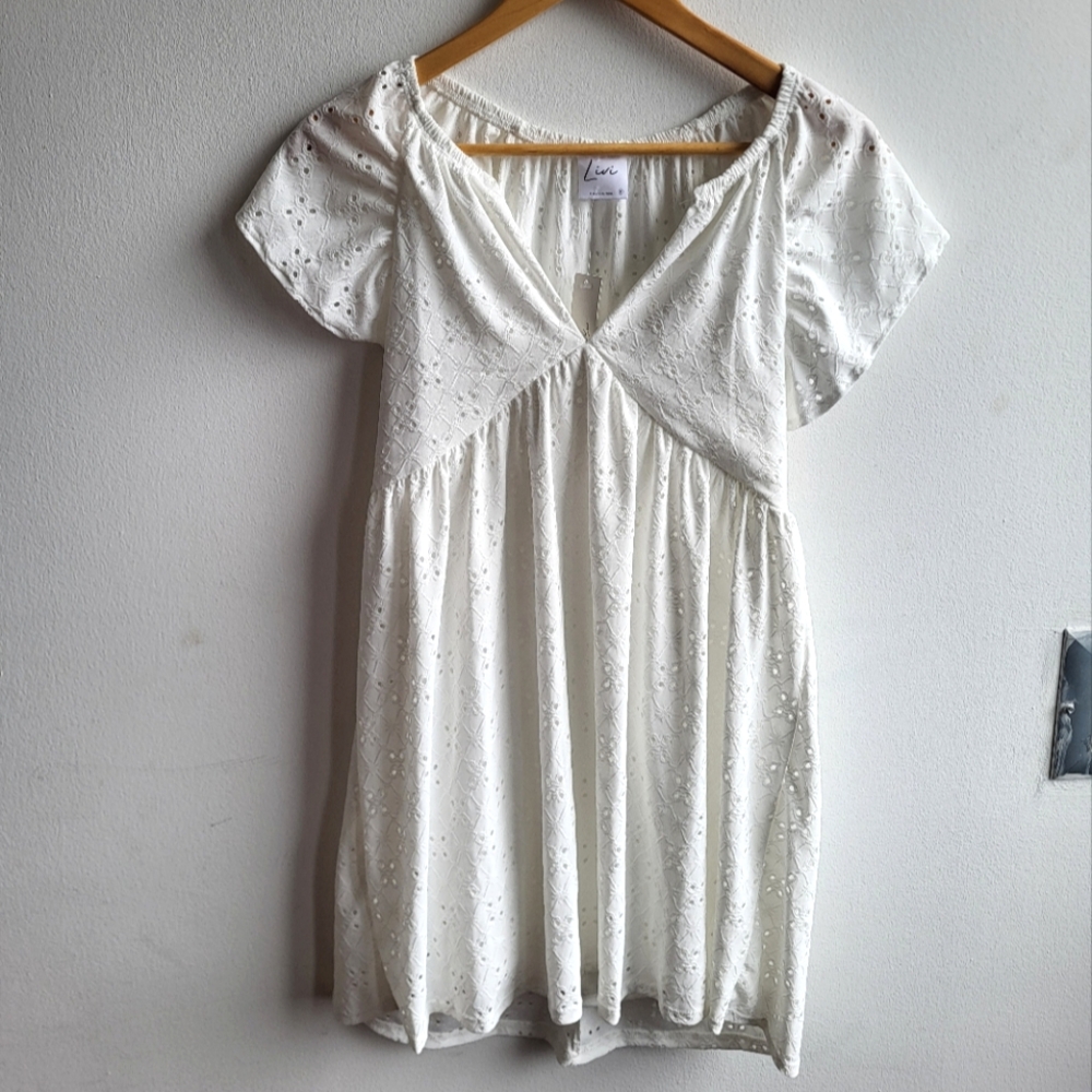 V-Neck Babydoll White floral eyelet mini dress - livi by Olivia Rae